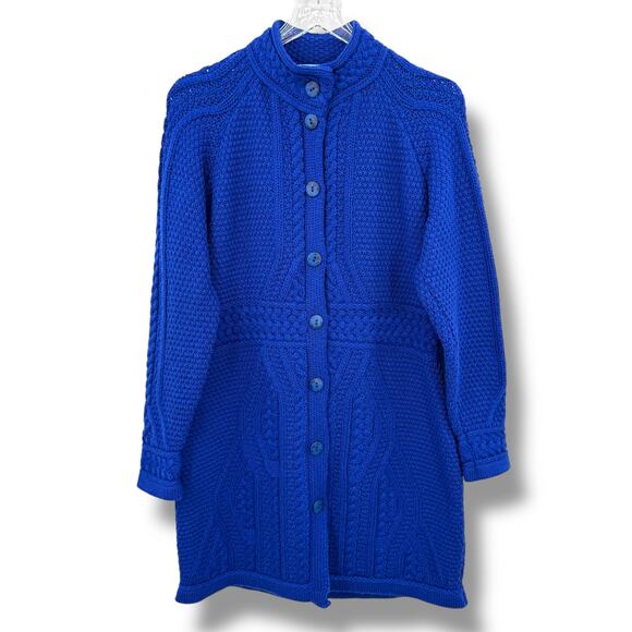 Aran Crafts sweater M 100% merino wool cardigan cable knit fisherman cobalt blue - Picture 1 of 10
